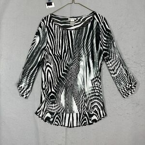Alberto Makali Womens Stretch Black Zebra Top Shirt Blouse Medium